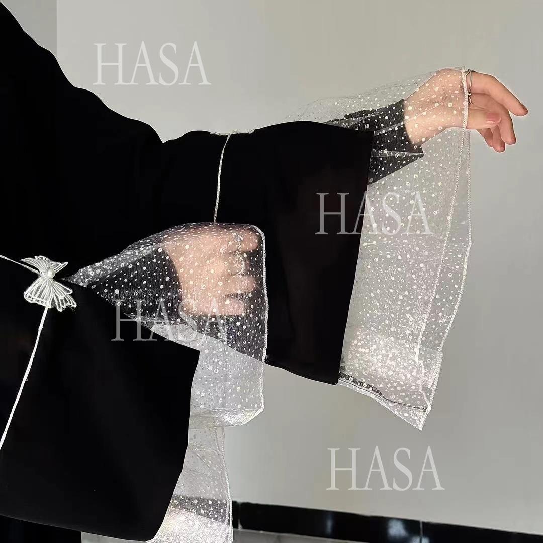 HASA's series HA6563 Elegant Lace Paneled Bow Cuff Robe Dress