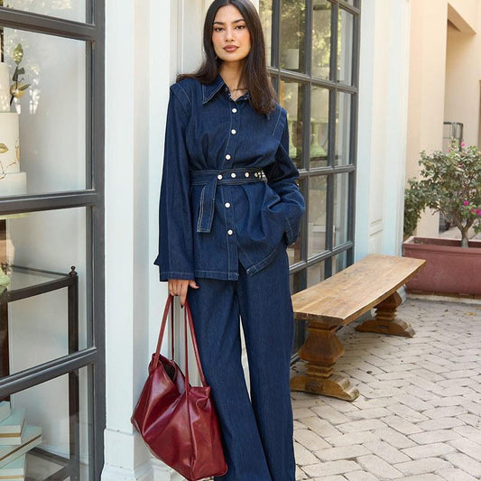 HA5890 Completo in Denim Lavato Primaverile Per Donne Con Cintura, Giacca Monopetto A Maniche Lunghe E Pantaloni A Vita Alta