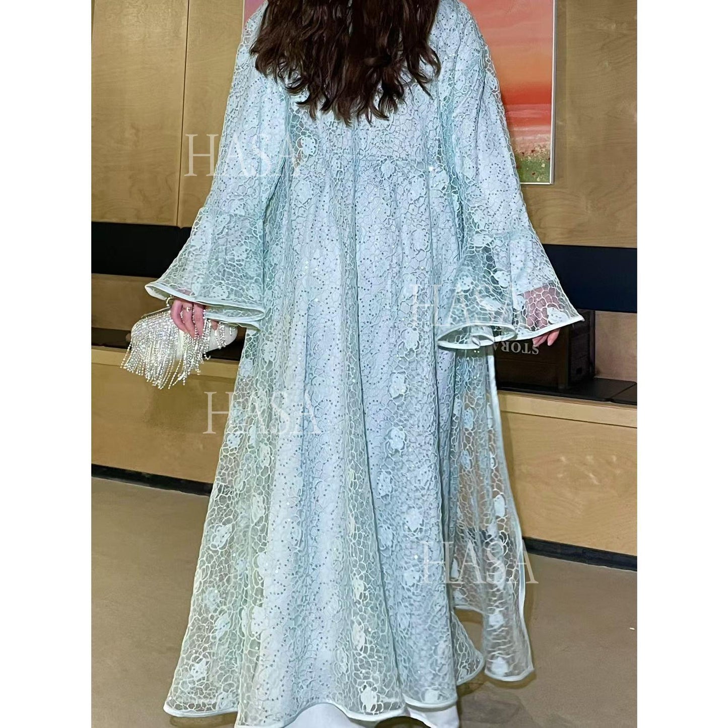 HA6488 Two-piece long dress with flared sleeves and lace sequined cape