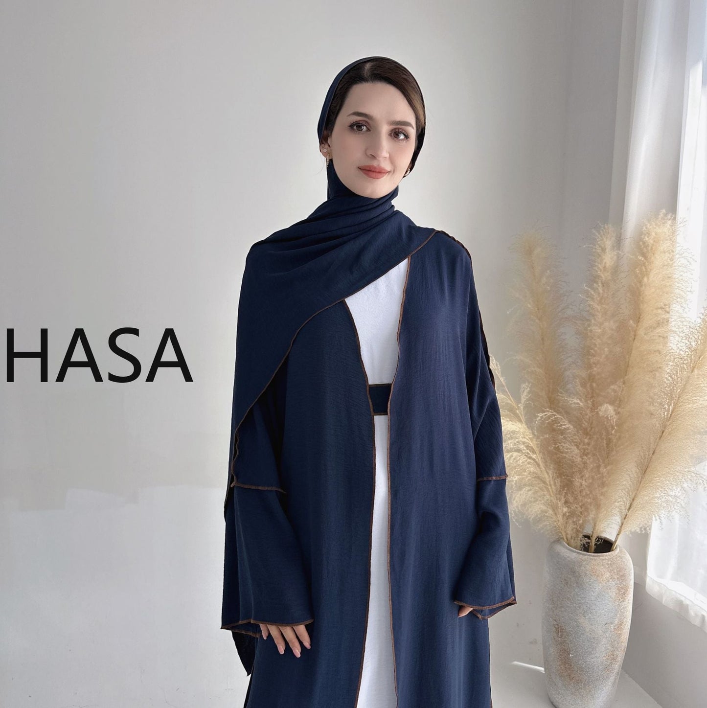 HASA HA1246H 2 PCS SET Crepe Solid Color Loose Hem Cardigan Robe with Hijab