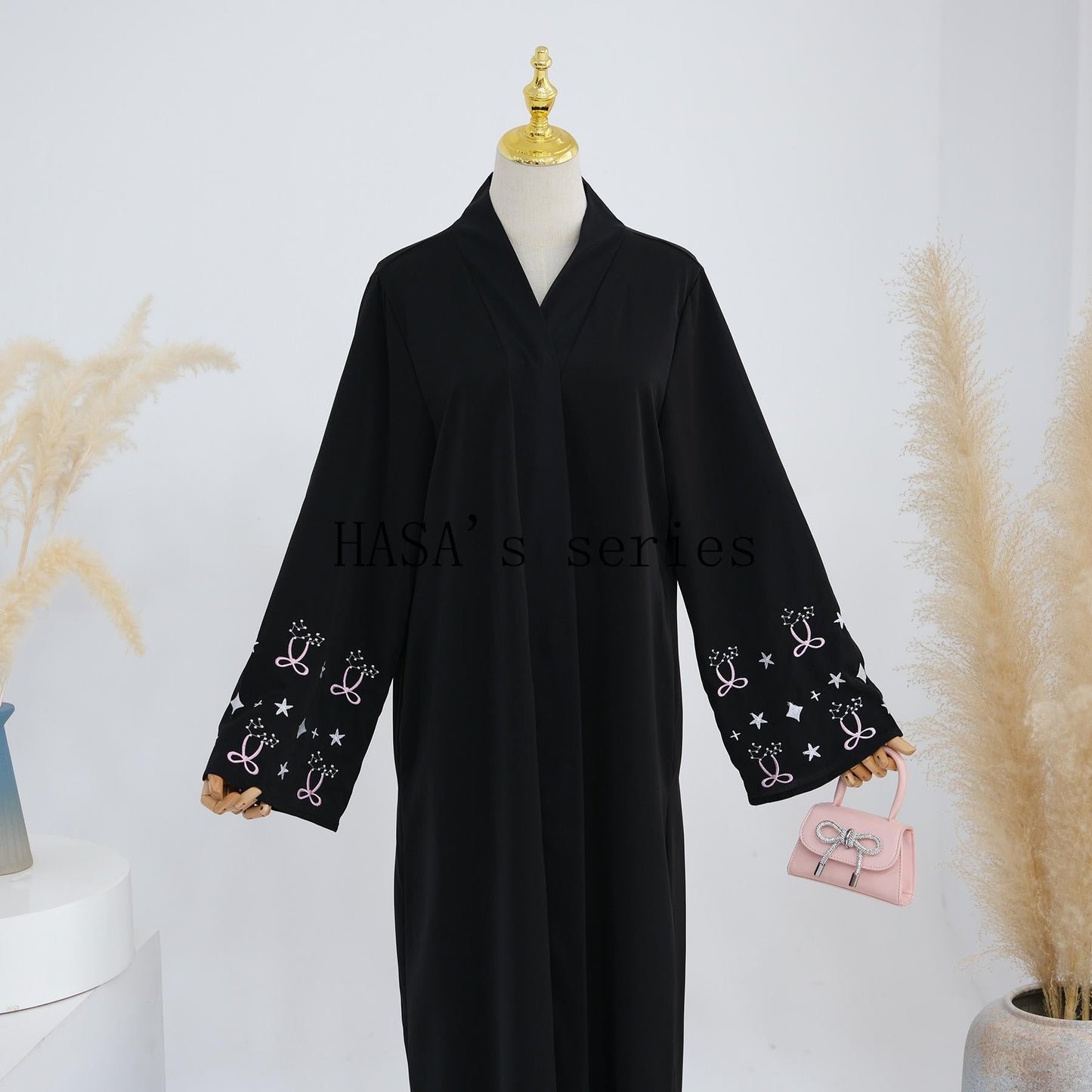 HS4852 Exquisitely Embroidered Long Robe with Bows, Showcasing Elegance Through Details.