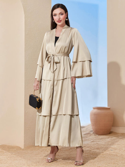 HAYA HAYA0480 Elegant Satin Silk Fabric Three Layer Open Abaya with Two Layer Sleeves