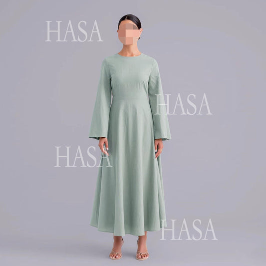 HA6494 Simple Solid Color Linen Bamboo Dress | Lace-Up Design