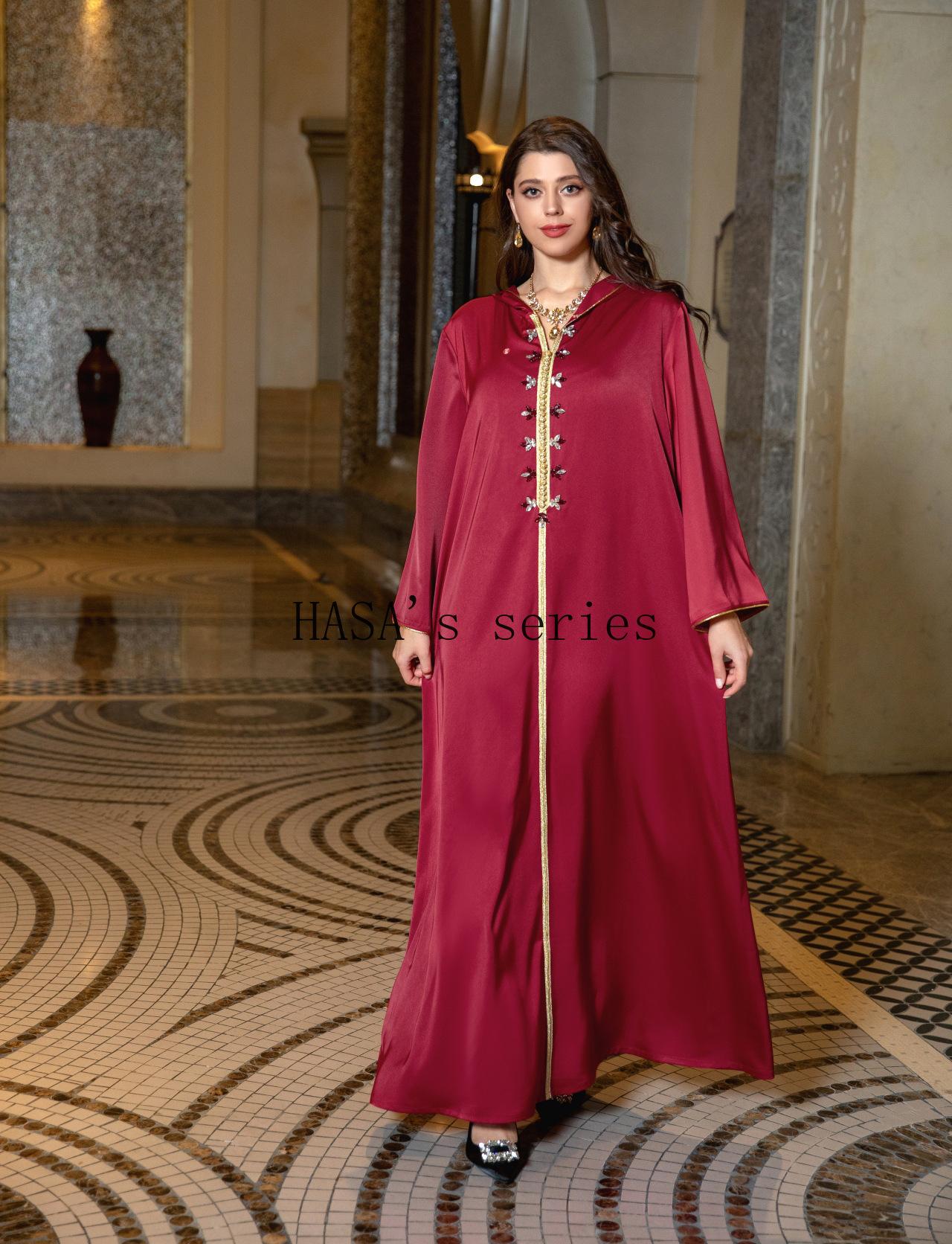 HASA's Series  HA1231 Jeweled Ribbon Satin Home Dress Abaya