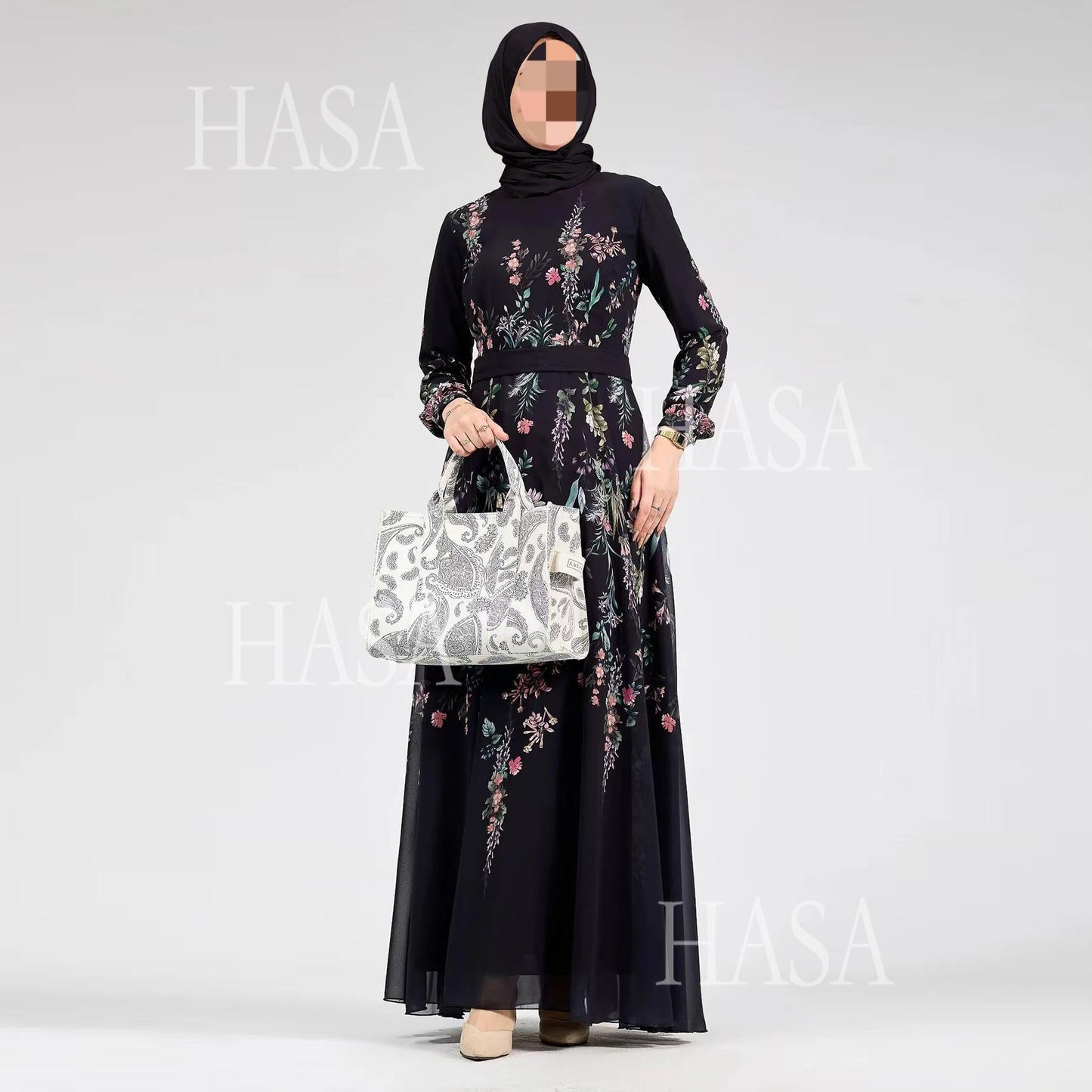 HA6531 Chiffon Printed Ankle-Length Maxi Dress with Long Sleeves