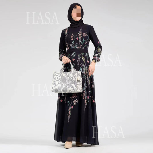 HA6531 Chiffon Printed Ankle-Length Maxi Dress with Long Sleeves
