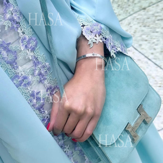HA6562 Blue Bow Embroidered Abaya Tunic Cardigan