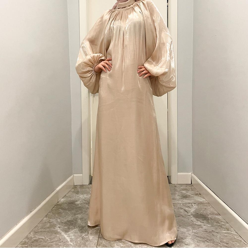 HAYA10043 HAYA  Large Lantern Sleeves Long Bright Silk Dress Stand Up Collar Back Tie Women's Dress Abaya