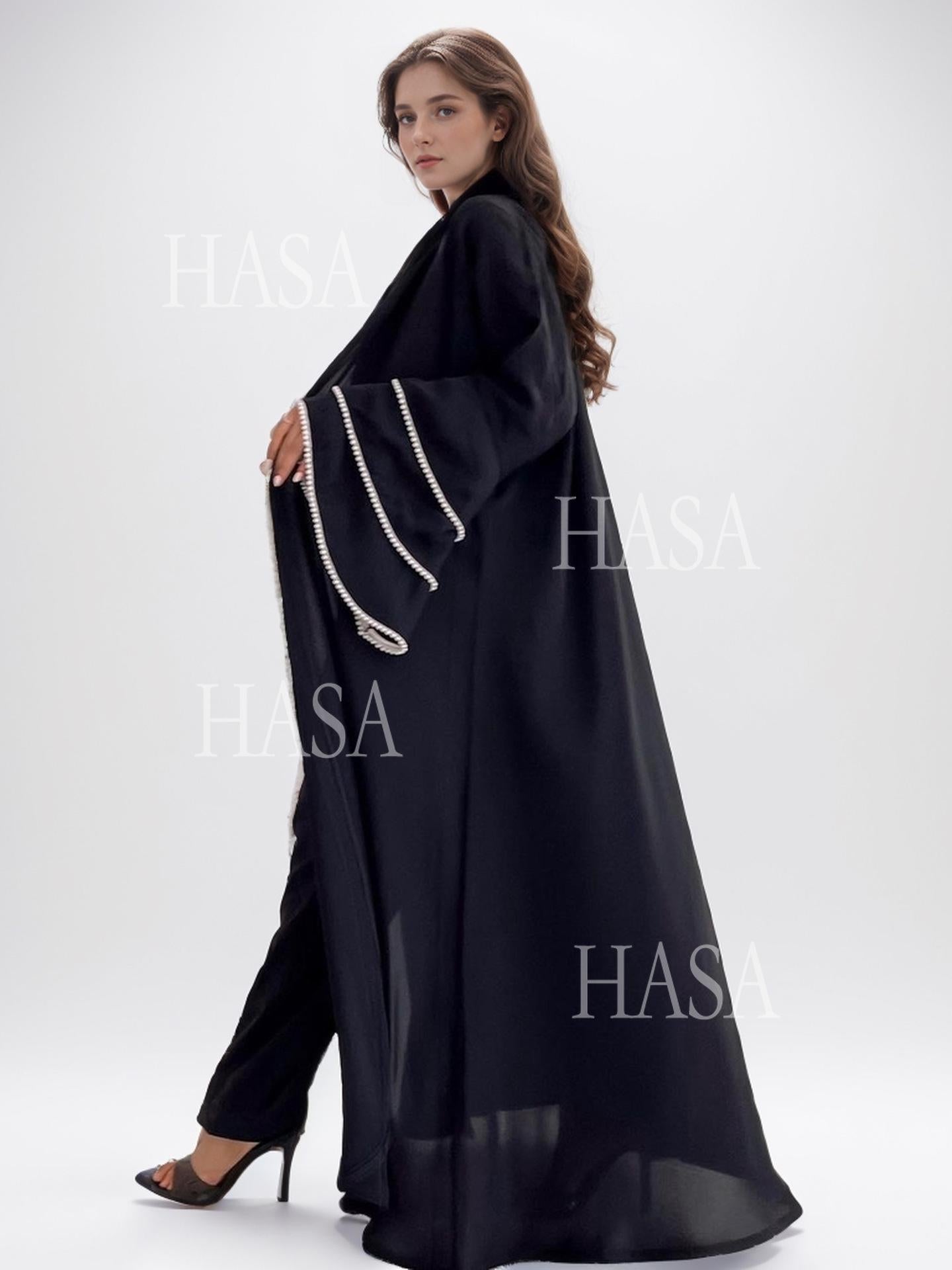 HA6543 Elegant Abaya with Hand-Embroidered Pearl Details