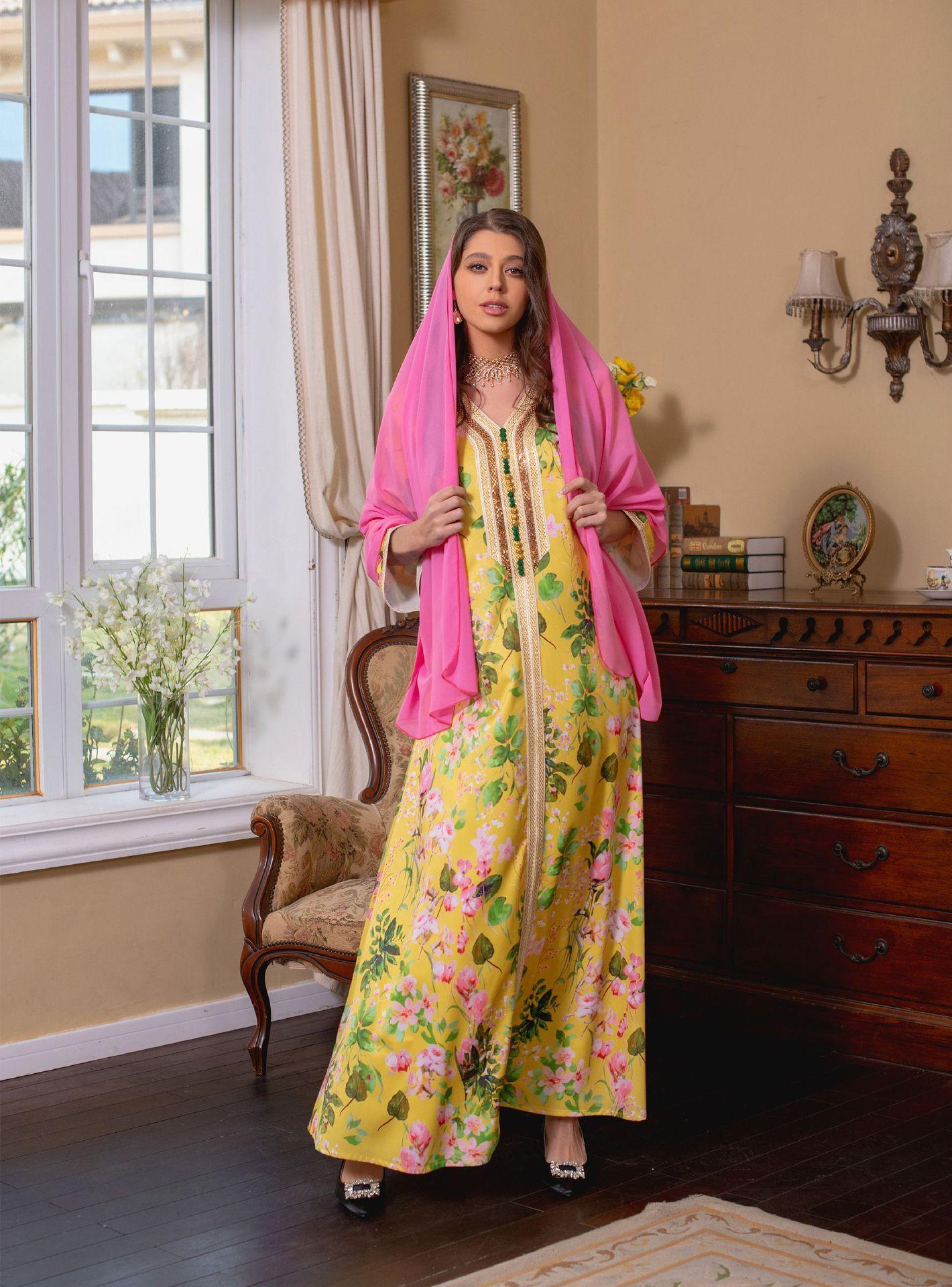 HAYA HAYA1075 Abaya Robe New Printed Rhinestone Dress