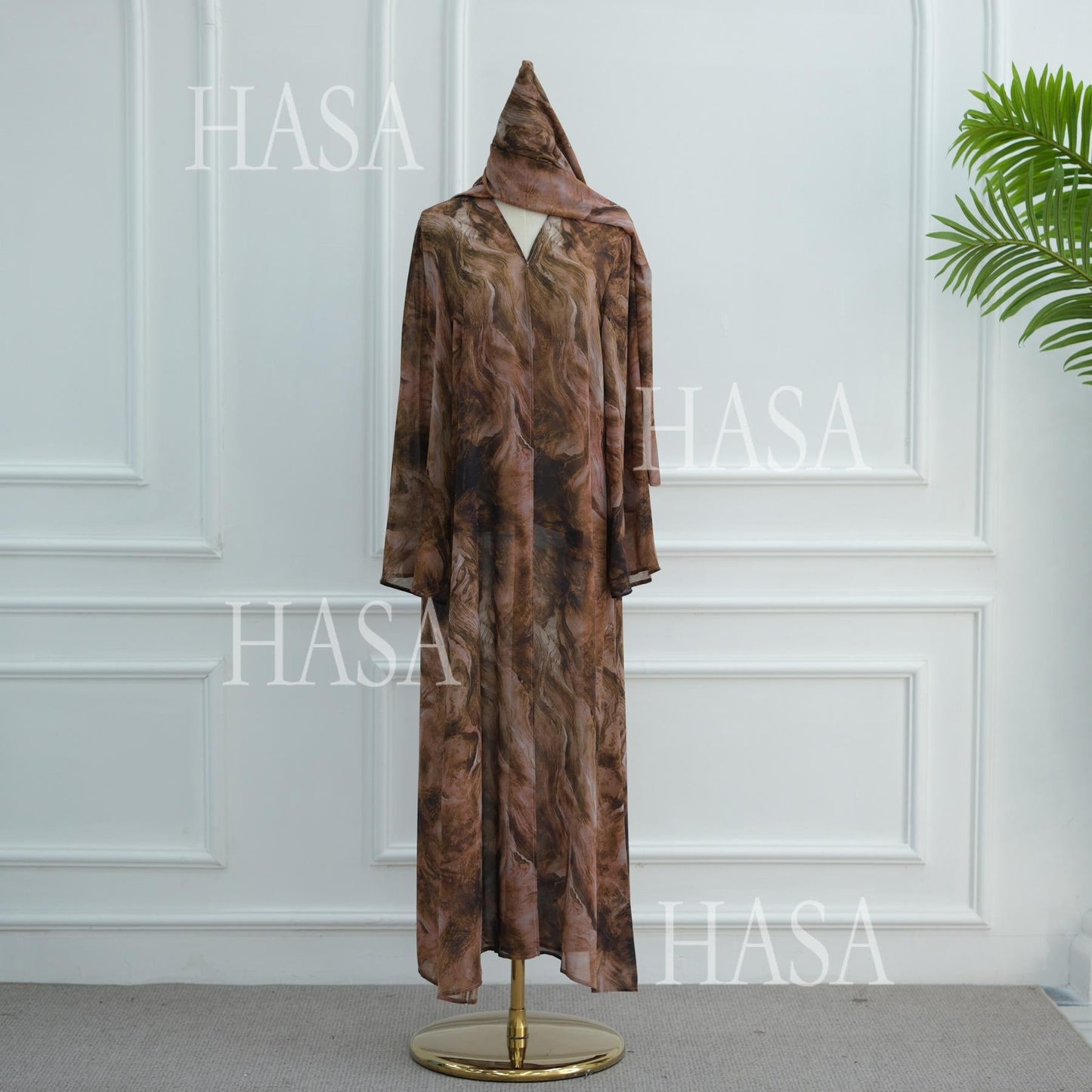 HA6551 Printed Abaya Cardigan with Matching Scarf Two-Piece Set