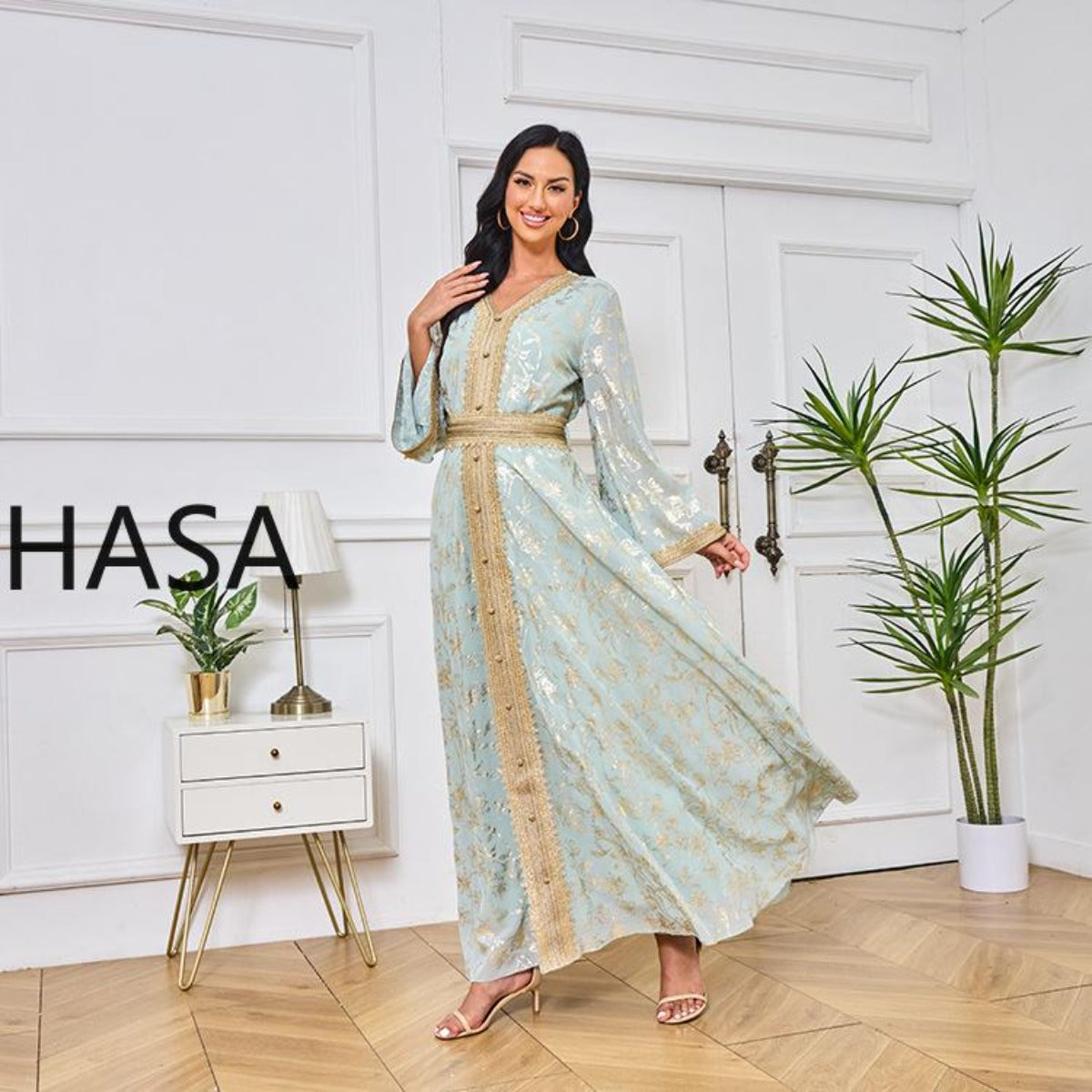 HA1249 Elegant Floral Abaya with Golden Detailing