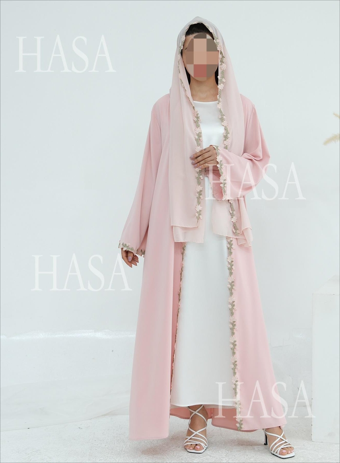HA6618 Pink Flower Stitching Cardigan Two-Piece Set (Including Headscarf)