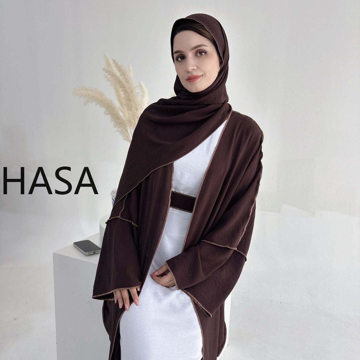 HASA HA1246H 2 PCS SET Crepe Solid Color Loose Hem Cardigan Robe with Hijab