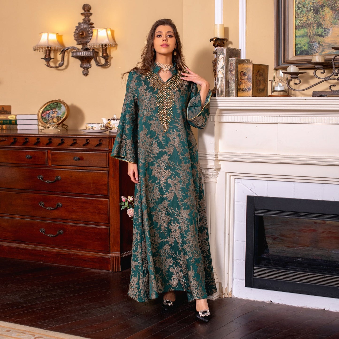 HA6660 Jacquard fabric embroidered beaded robe dress with rich design features