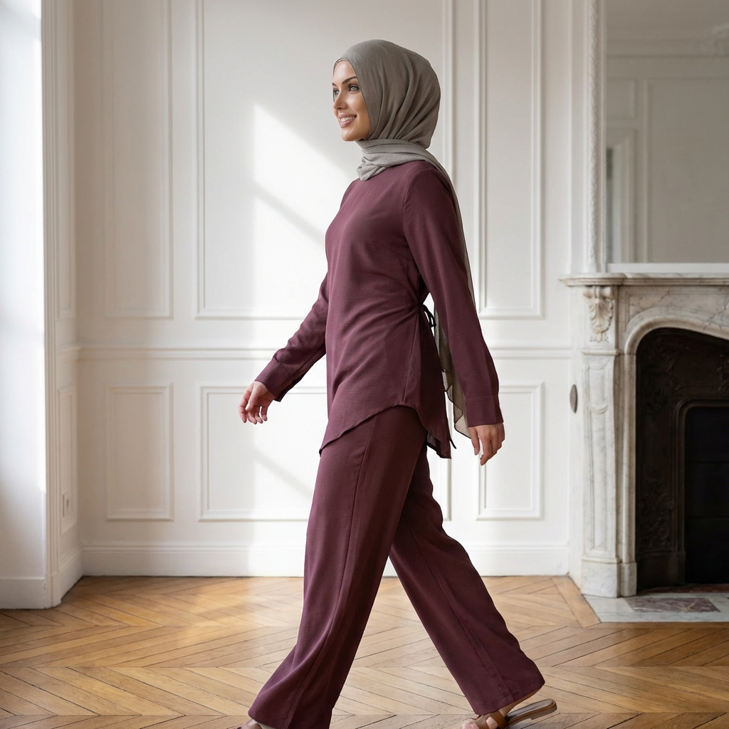 HA6614 Modest Nida Two-Piece Set with Waist Tie & Pocket Trousers