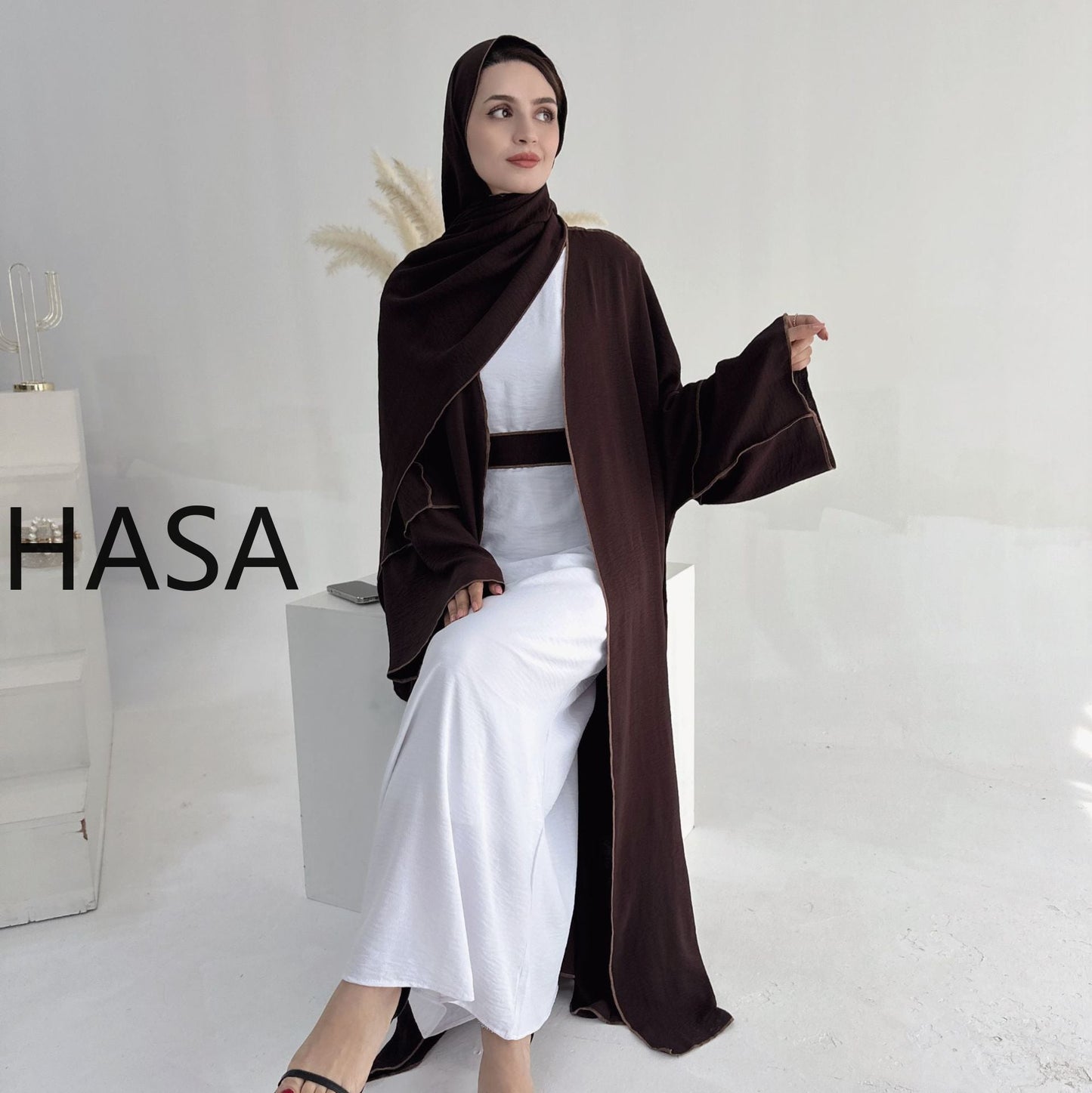HASA HA1246H 2 PCS SET Crepe Solid Color Loose Hem Cardigan Robe with Hijab