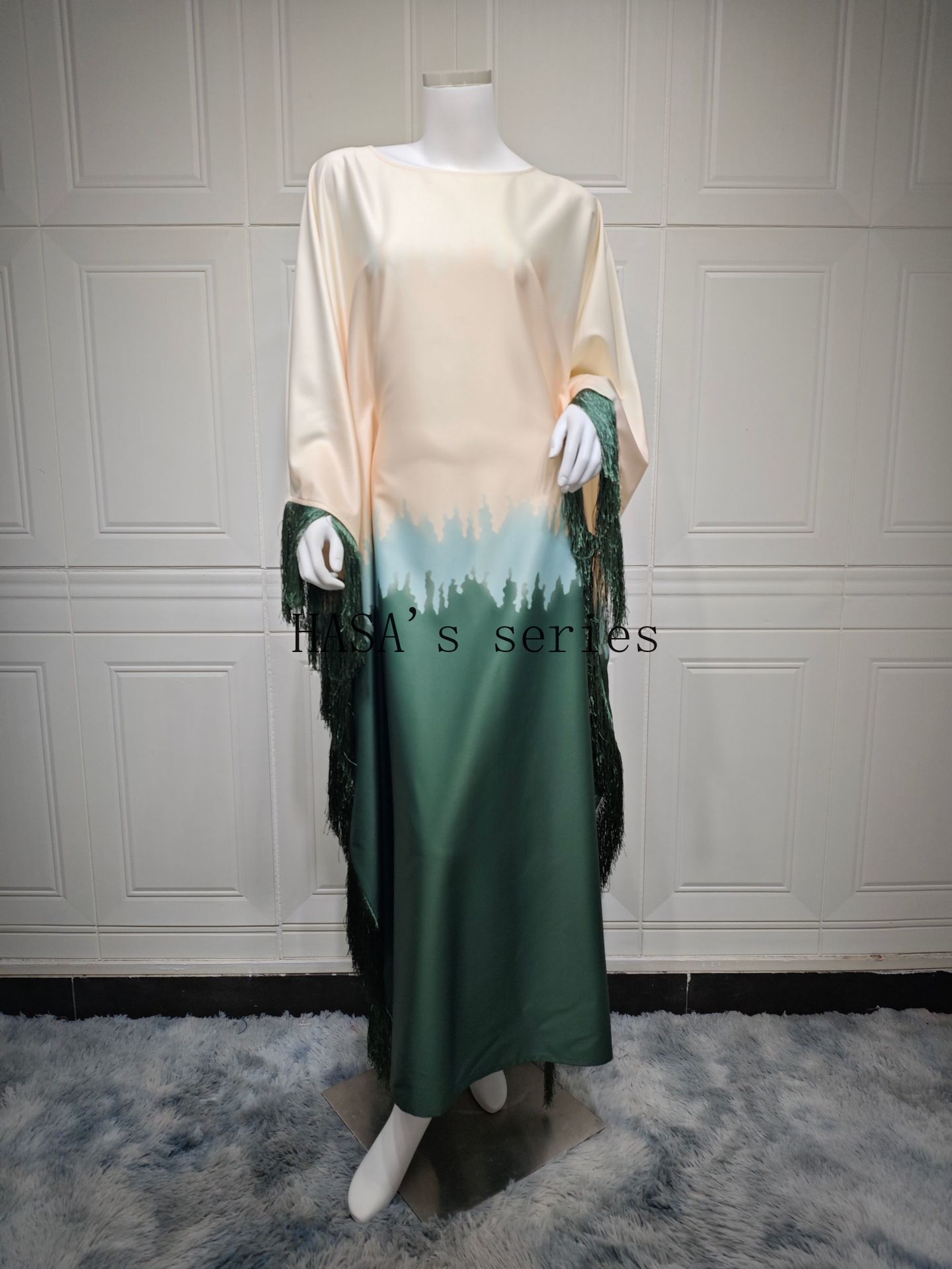 HS5095 Romantic Gradient Fringed Robe, Elegant Printed Long Dress