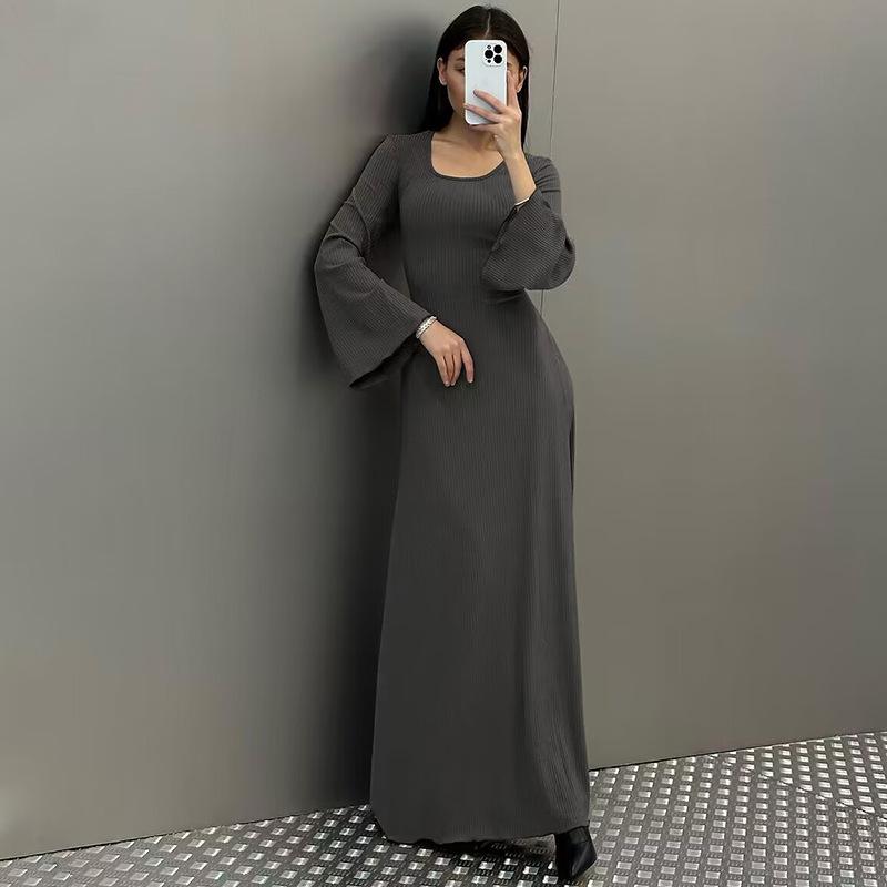 HAYA HAYA0676 Flared Long Sleeved High Waist Maxi Skirt with Lace-up Back