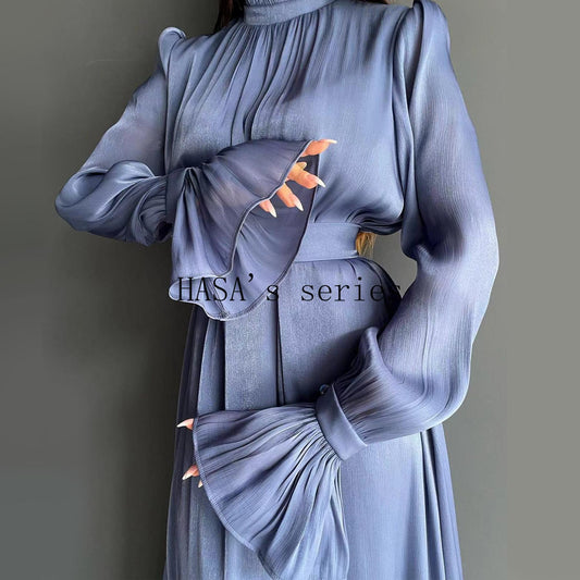 HS4857 A High-necked, Belted Dress, A Classic Style That Exudes Elegant Charm.