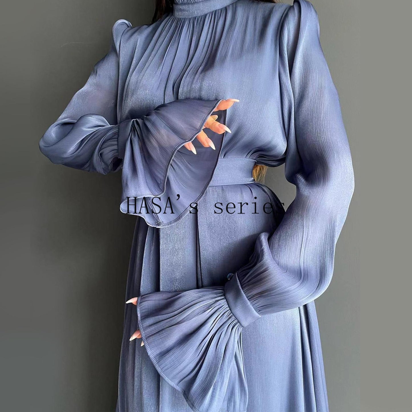 HS4857 A High-necked, Belted Dress, A Classic Style That Exudes Elegant Charm.