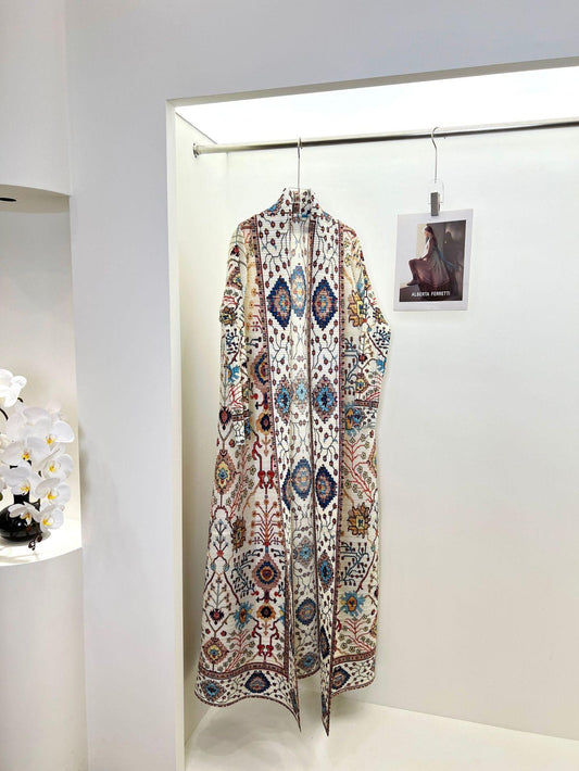 HS6720  White Abaya with Vibrant Multicolor Prints