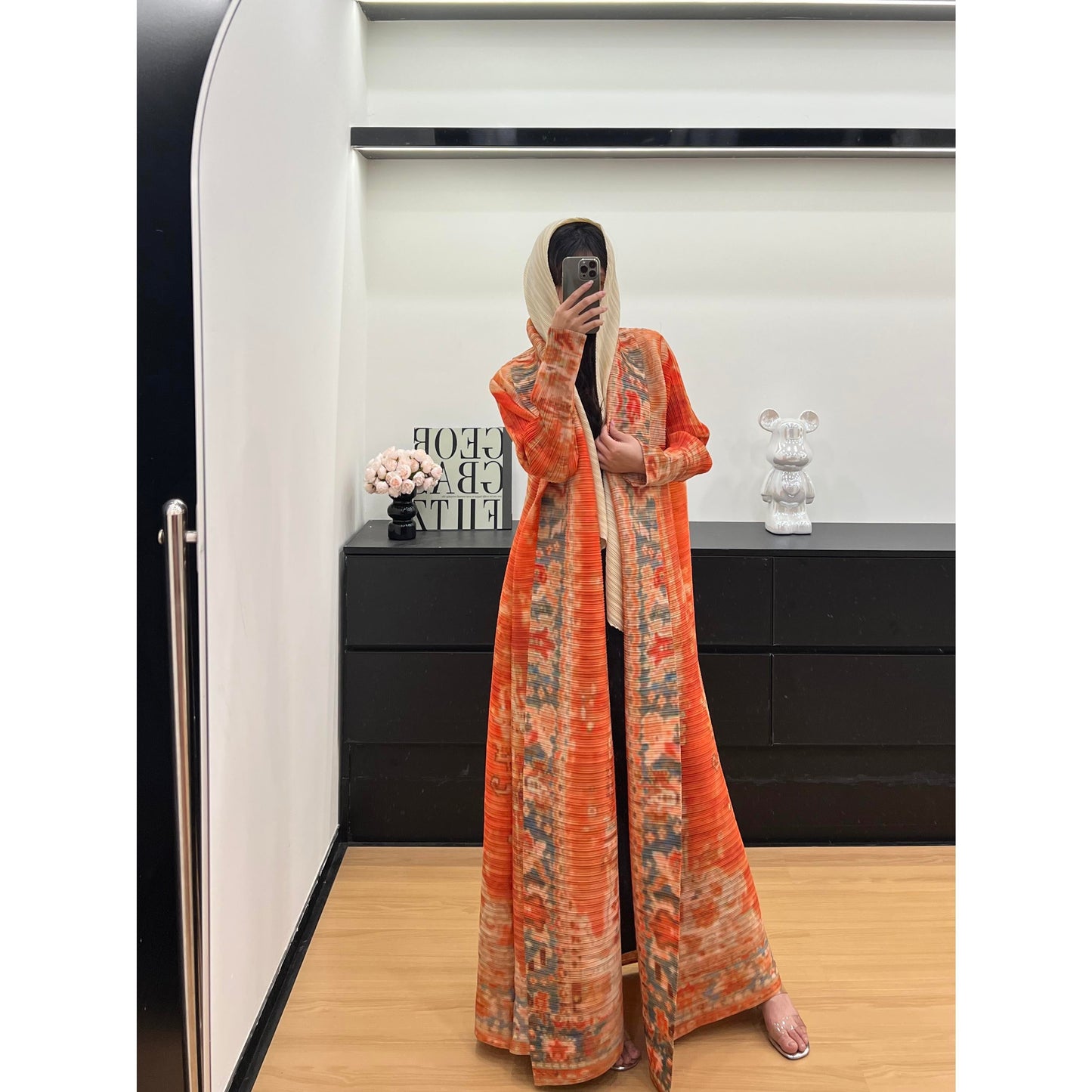 HASASERIES HS6714 Desert Bloom Vibrant Orange Abaya with Floral Prints