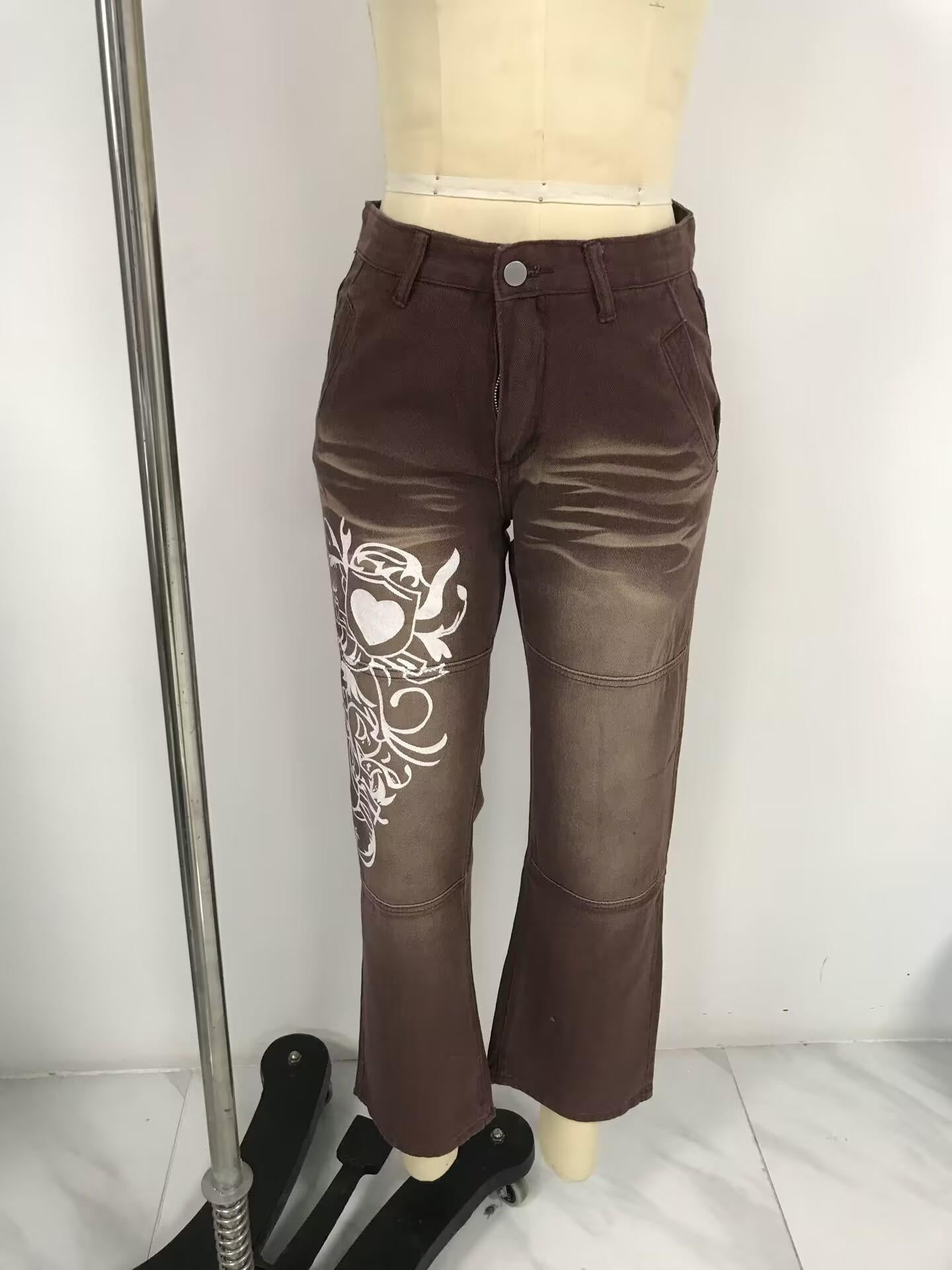 HA6382 Street Style Women's Clothing Irregular Printing Loose Trousers Low Waist Folds Washed for Old Multi-colored Jeans