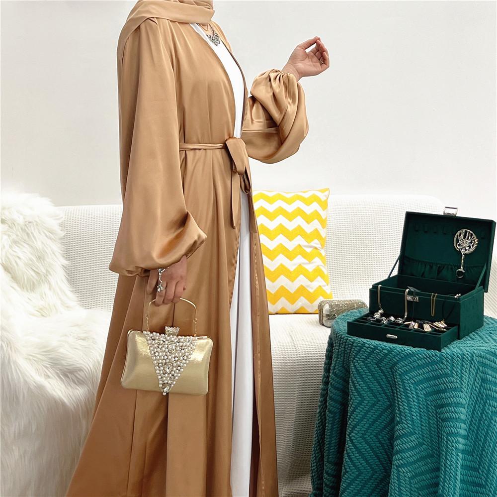 HAYA0481 Solid Color Satin Coat Robe Open Abaya