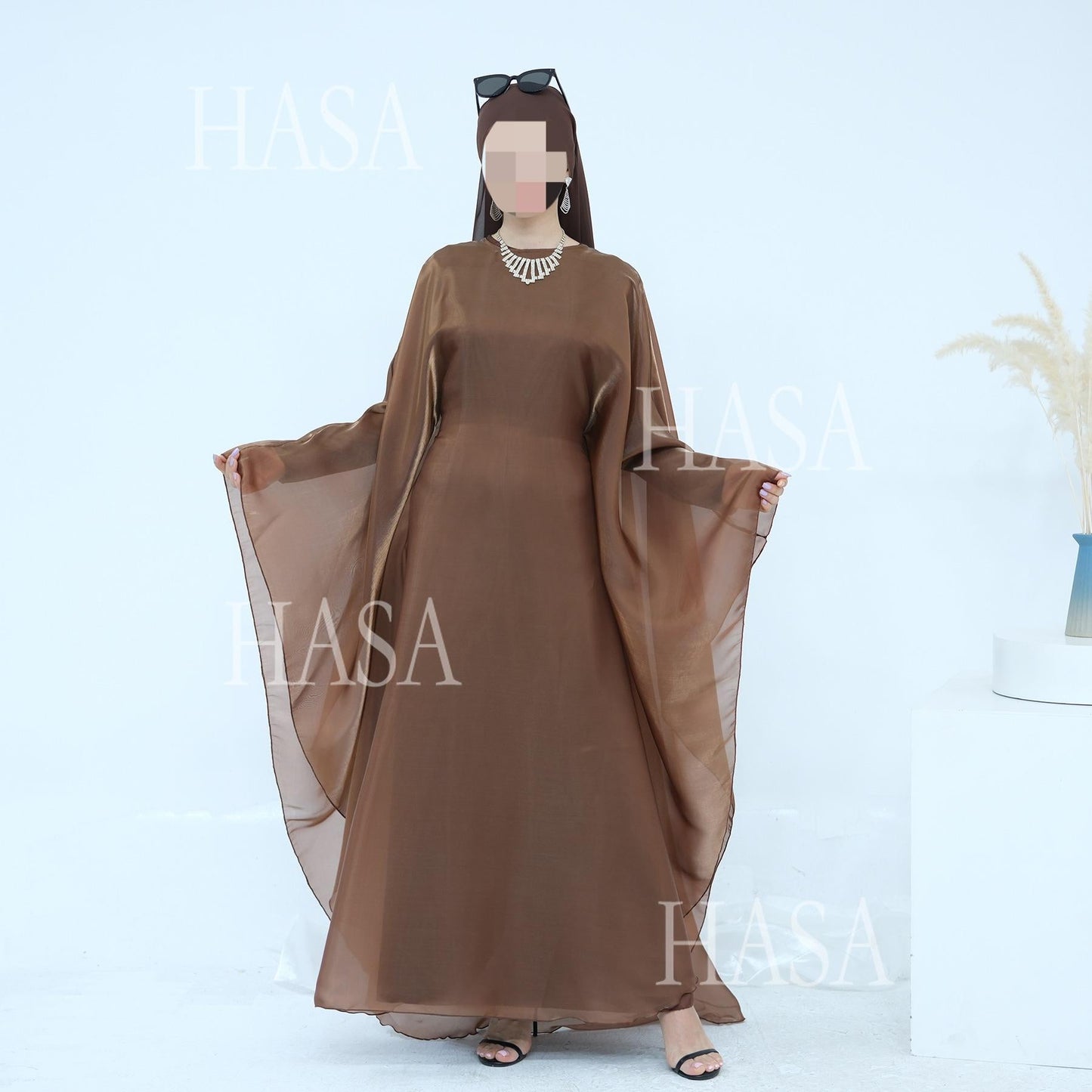 HA6524 Elegant two-piece solid-color robe and dress with optional headscarf