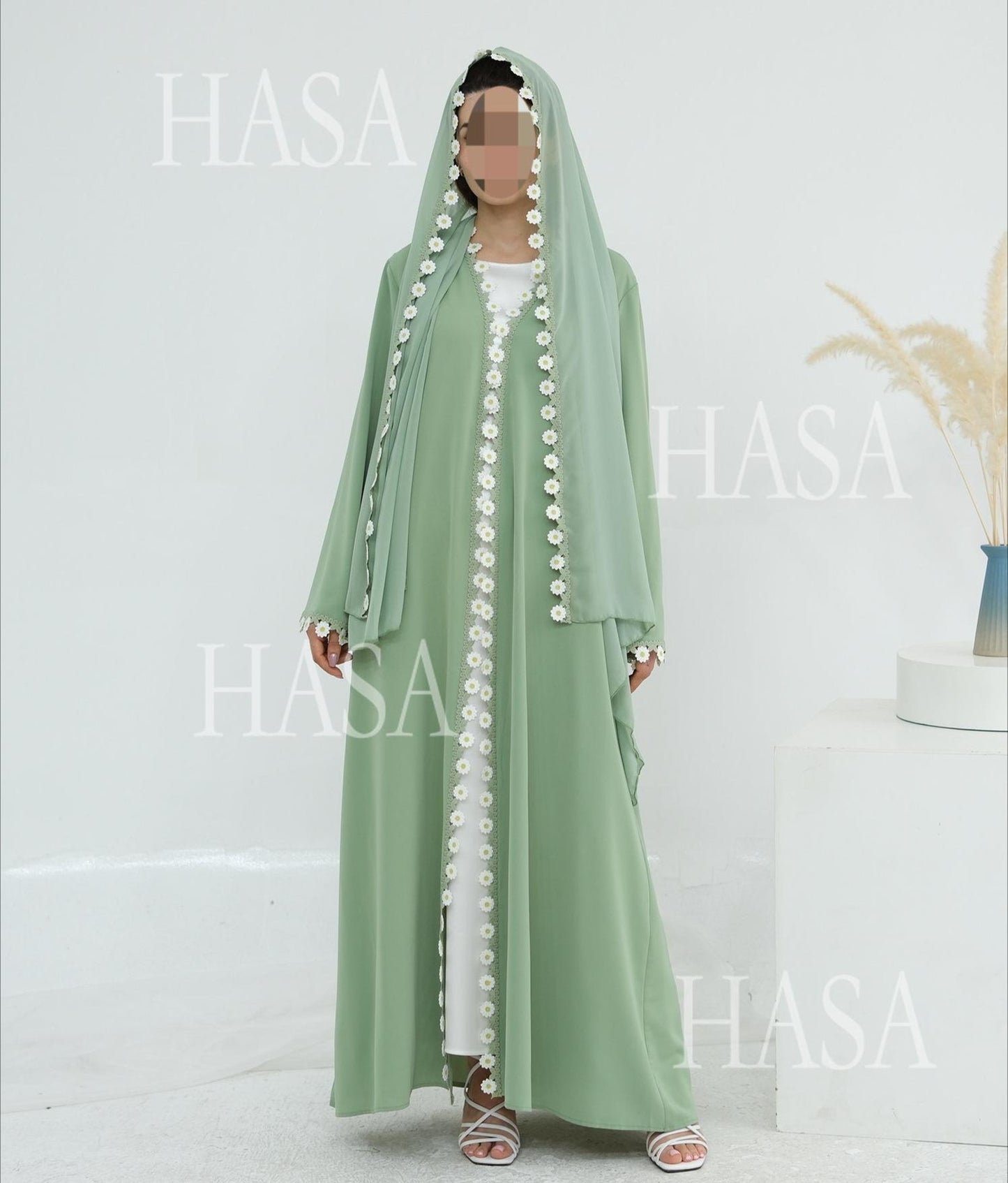 HA6616 Green Flower Stitching Cardigan Two-Piece Set (Including Headscarf)