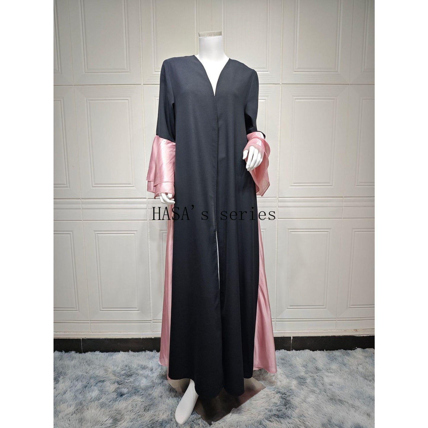HS5106 A Soft and Elegant Long Satin Dress with Classic Design and Ruffled Sleeves.