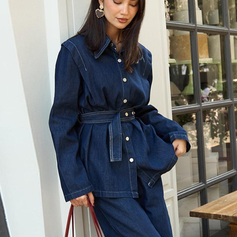 HA5890 Completo in Denim Lavato Primaverile Per Donne Con Cintura, Giacca Monopetto A Maniche Lunghe E Pantaloni A Vita Alta
