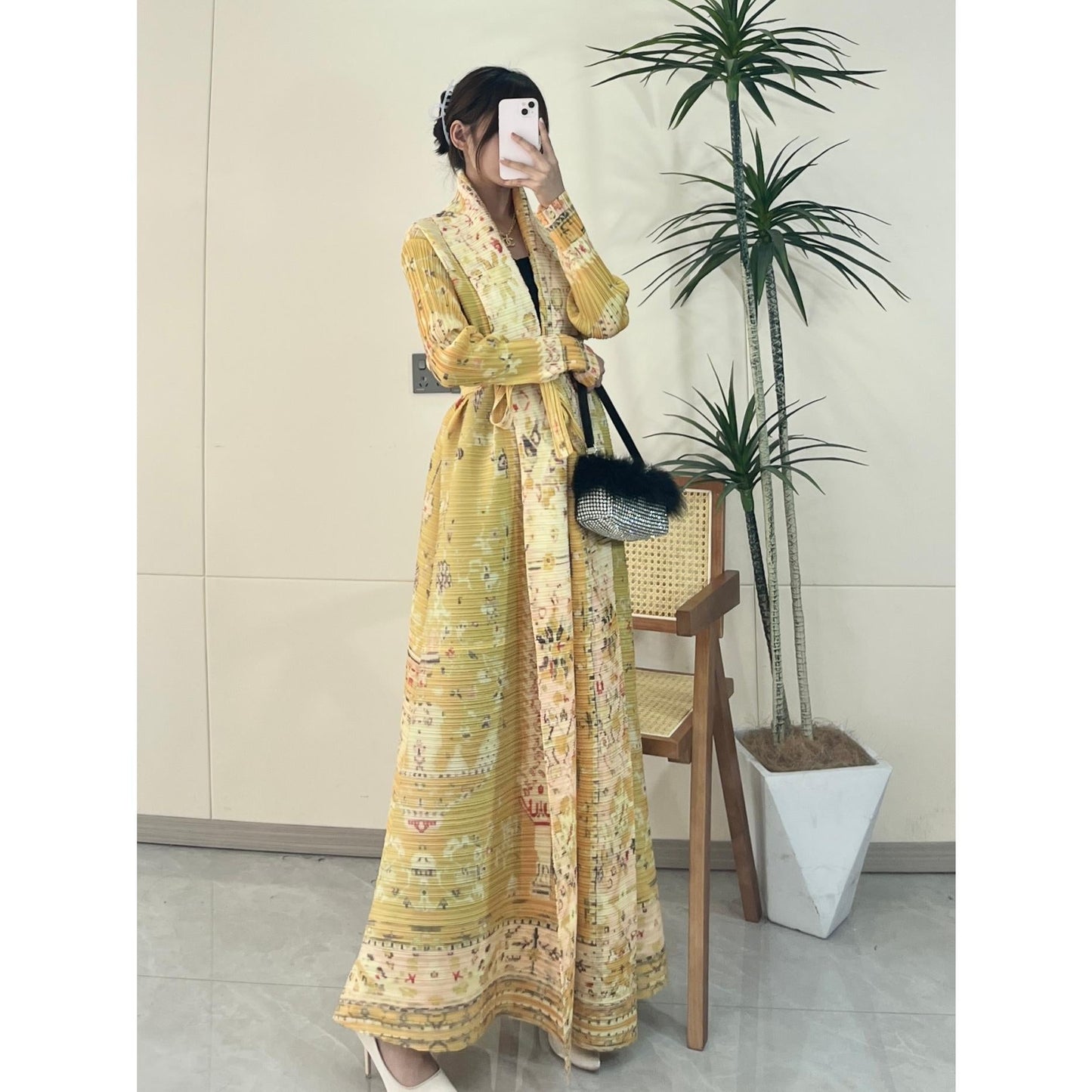 HS5843 Retro Warm Yellow Floral Textured Open-front Long Coat