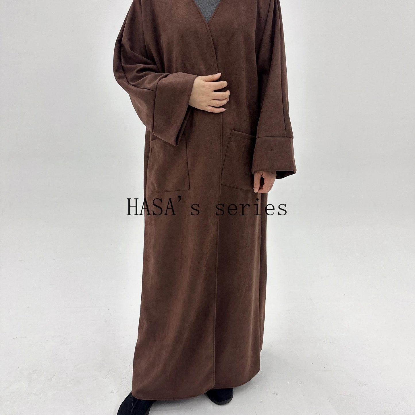 HS5148 Suede-textured, Simple Cardigan-style Long Robe, A Loose and Comfortable Dress for Autumn and Winter.