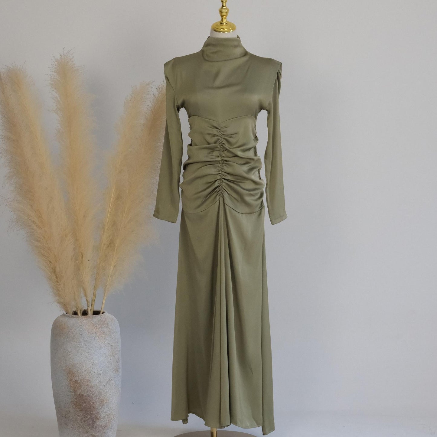 HAYA HAYA1020 Solid Color High Neck Slimming Robe Dress