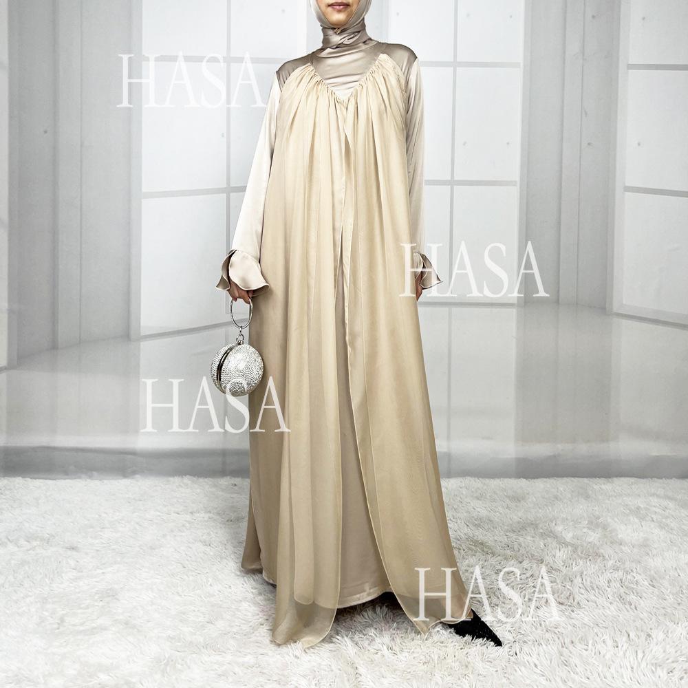 HS5858 Elegant Bright Satin Robe (without Headscarf), Clever Splicing Creates Multi-faceted Charm