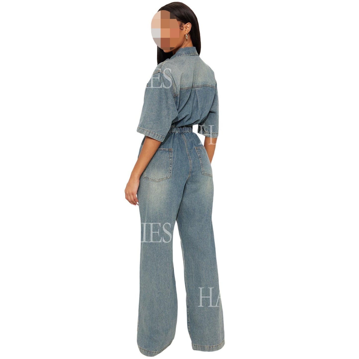 HASASERIES HS6686 Washed Denim Slim-fit Flared Jumpsuit