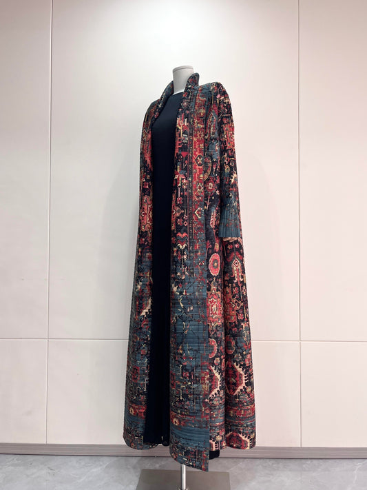 HS5837 Intricately patterned, long open-front coat (with belt)