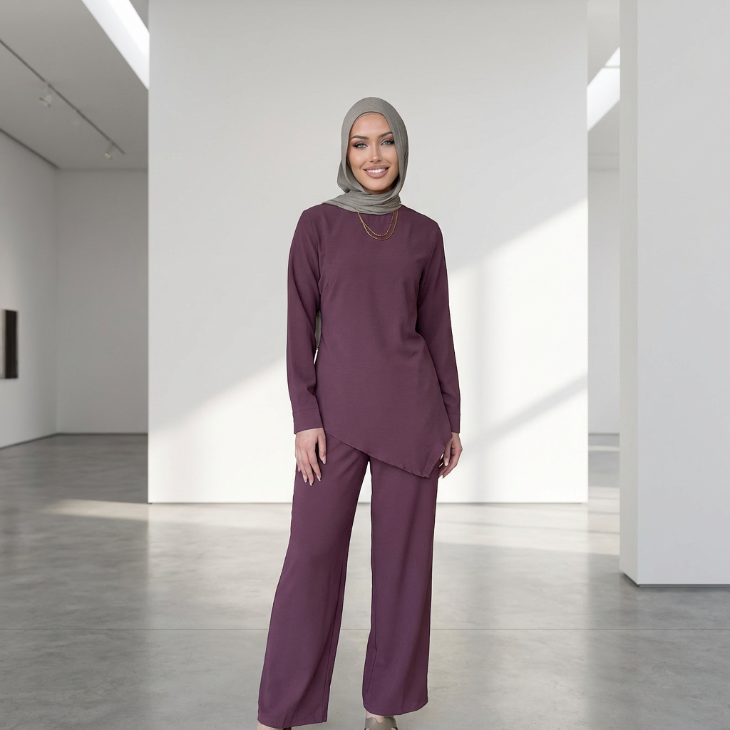 HA6614 Modest Nida Two-Piece Set with Waist Tie & Pocket Trousers