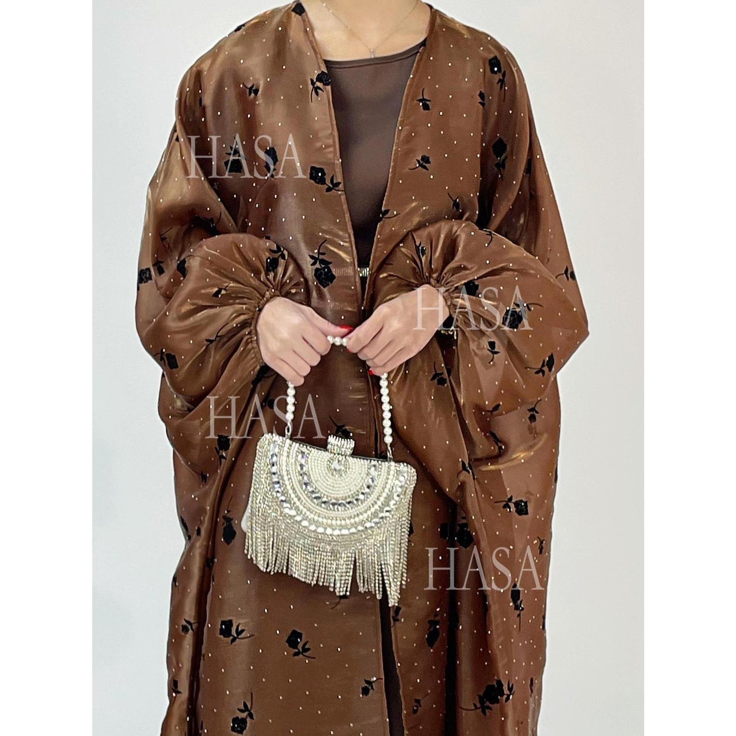 HA6536 Elegant Rose Pattern Abaya Outer Dress Set
