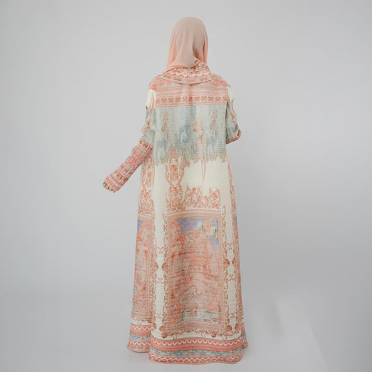 HS5839 Light-colored, Vintage-patterned, Long Open-front Coat (with Belt)