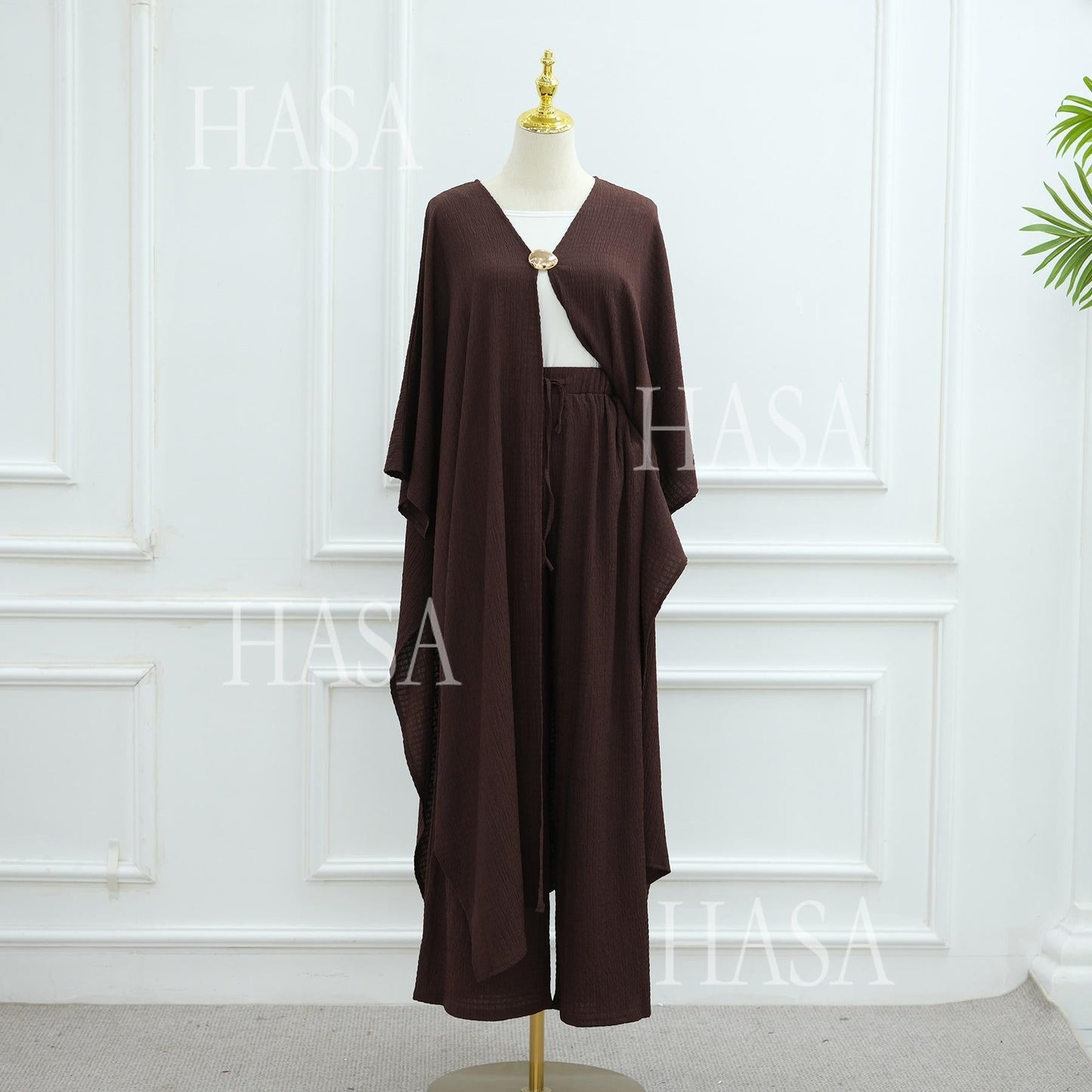 HA6486 Simple Cardigan with Wide-leg Pants, Solid Color Daily Two-piece Suit