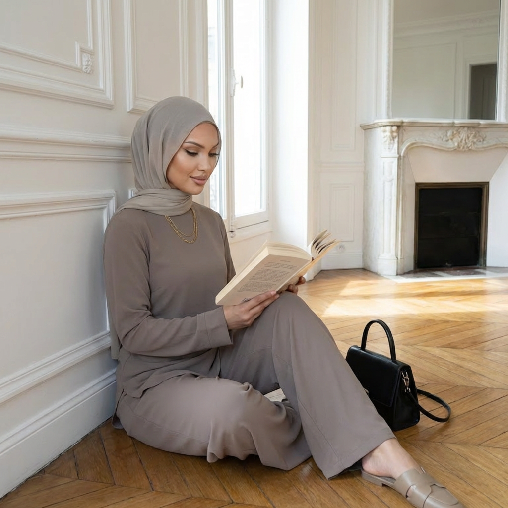 HA6614 Modest Nida Two-Piece Set with Waist Tie & Pocket Trousers