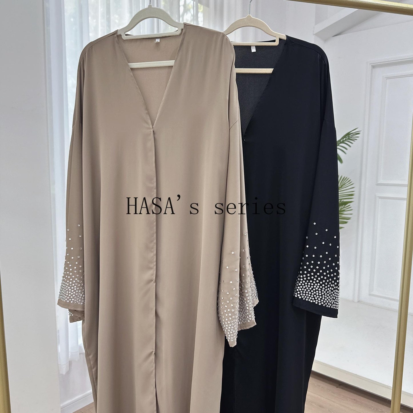 HS4837 Simple and Elegant Two-piece Set: A Cardigan and A Long Dress with Rhinestone Details on The Cuffs.