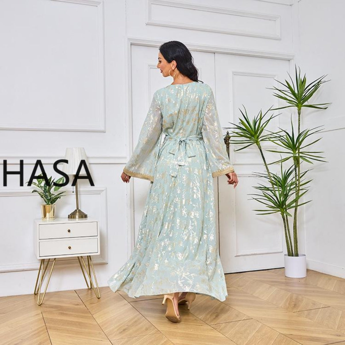HA1249 Elegant Floral Abaya with Golden Detailing