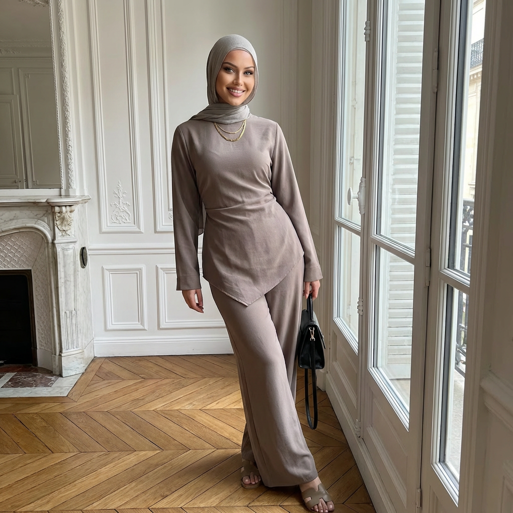 HA6614 Modest Nida Two-Piece Set with Waist Tie & Pocket Trousers