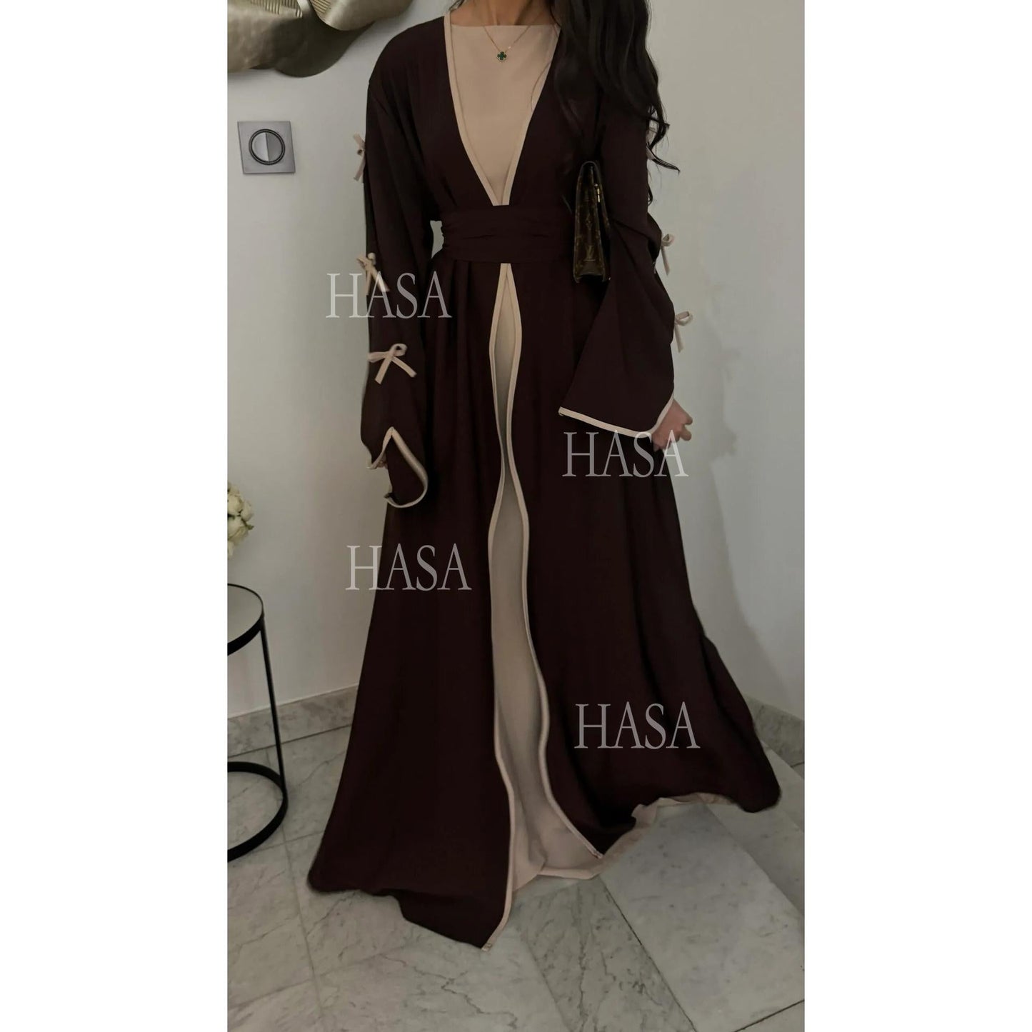 HA5862 Elegant Wavy-edge Bow Robe (with Belt) for A Feminine Look