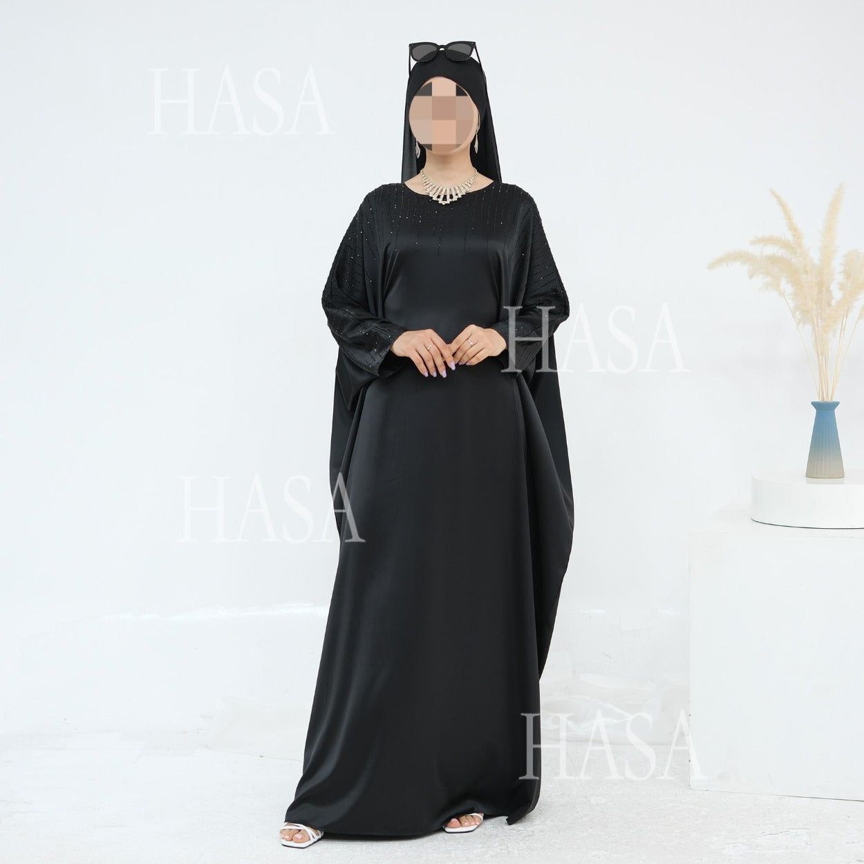 HA6610 Rhinestone-embellished long Abaya dress (headscarf not included)