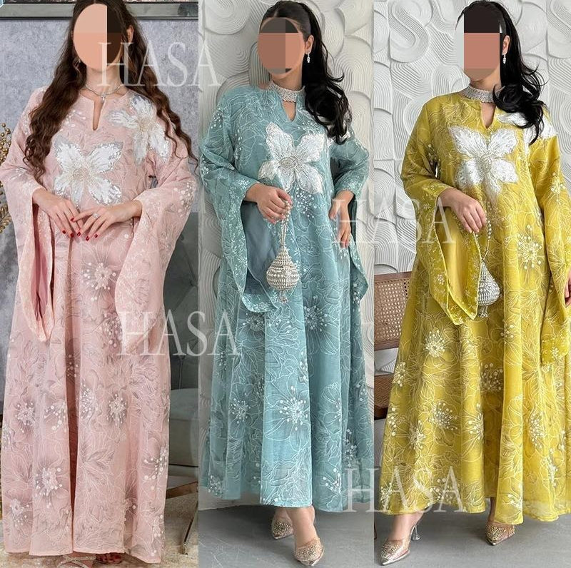 HA6639 Floral Appliqué Embroidered Long Dress